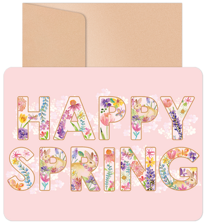 Happy Spring greeting card with 'Happy Spring' typography filled with watercolor flowers and bunnies on a light pink background, includes a kraft envelope.