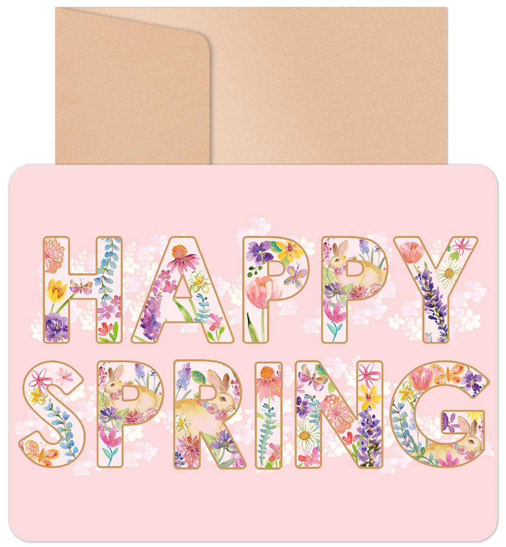 Front view of a pastel pink greeting card with 'Happy Spring' in floral letters, whimsical bunnies, blooming wildflowers, and a natural kraft envelope. Perfect for spring celebrations and festive greetings.
