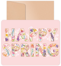 Front view of a pastel pink greeting card with 'Happy Spring' in floral letters, whimsical bunnies, blooming wildflowers, and a natural kraft envelope. Perfect for spring celebrations and festive greetings.