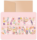 Front view of a pastel pink greeting card with 'Happy Spring' in floral letters, whimsical bunnies, blooming wildflowers, and a natural kraft envelope. Perfect for spring celebrations and festive greetings.