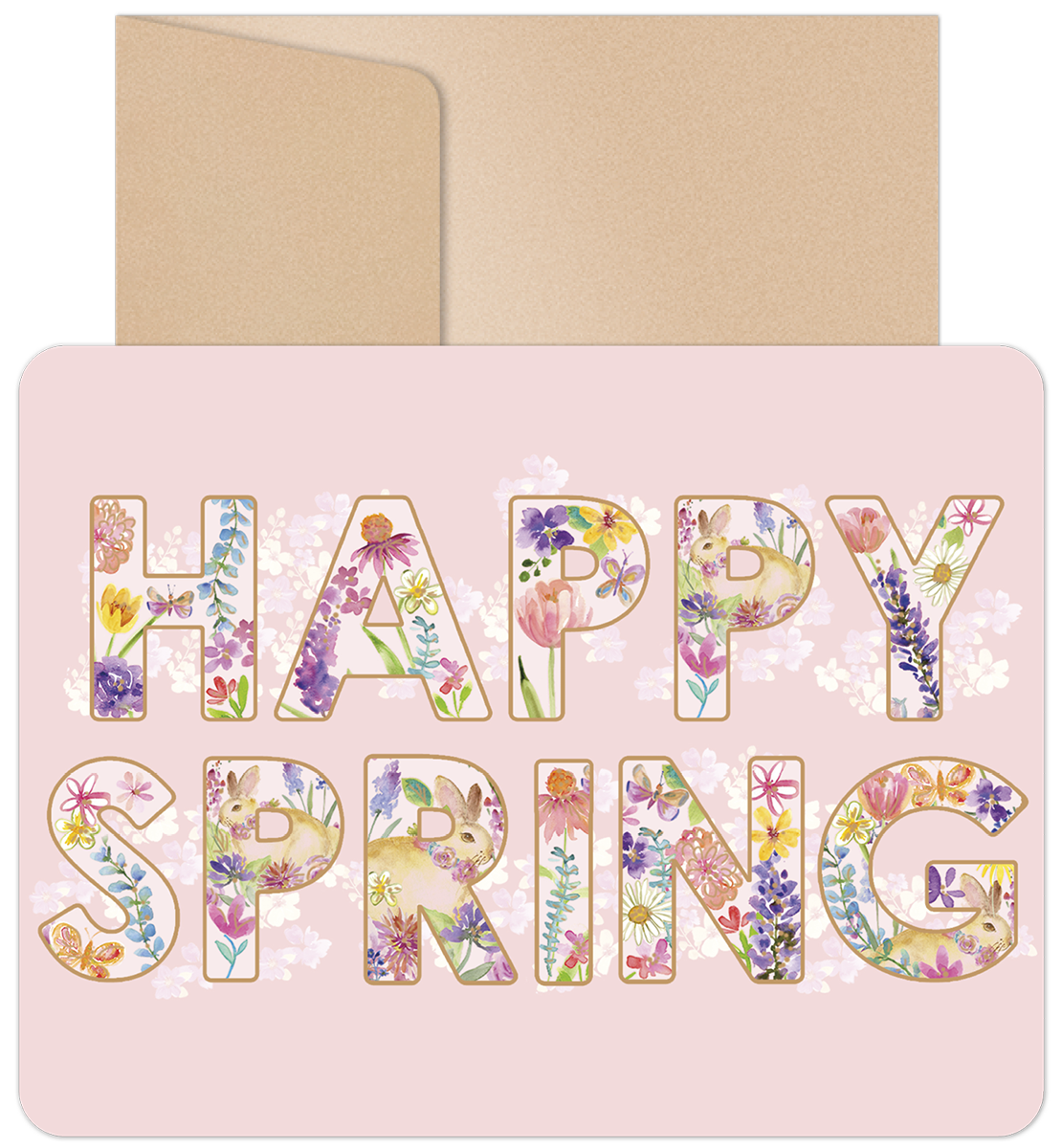 Front view of a pastel pink greeting card with 'Happy Spring' in floral letters, whimsical bunnies, blooming wildflowers, and a natural kraft envelope. Perfect for spring celebrations and festive greetings.