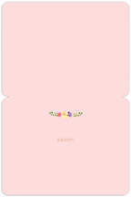 Open view of the pastel pink greeting card interior, featuring a small watercolor floral sprig and the word 'ENJOY!' printed in a warm gold tone, suitable for various spring occasions.