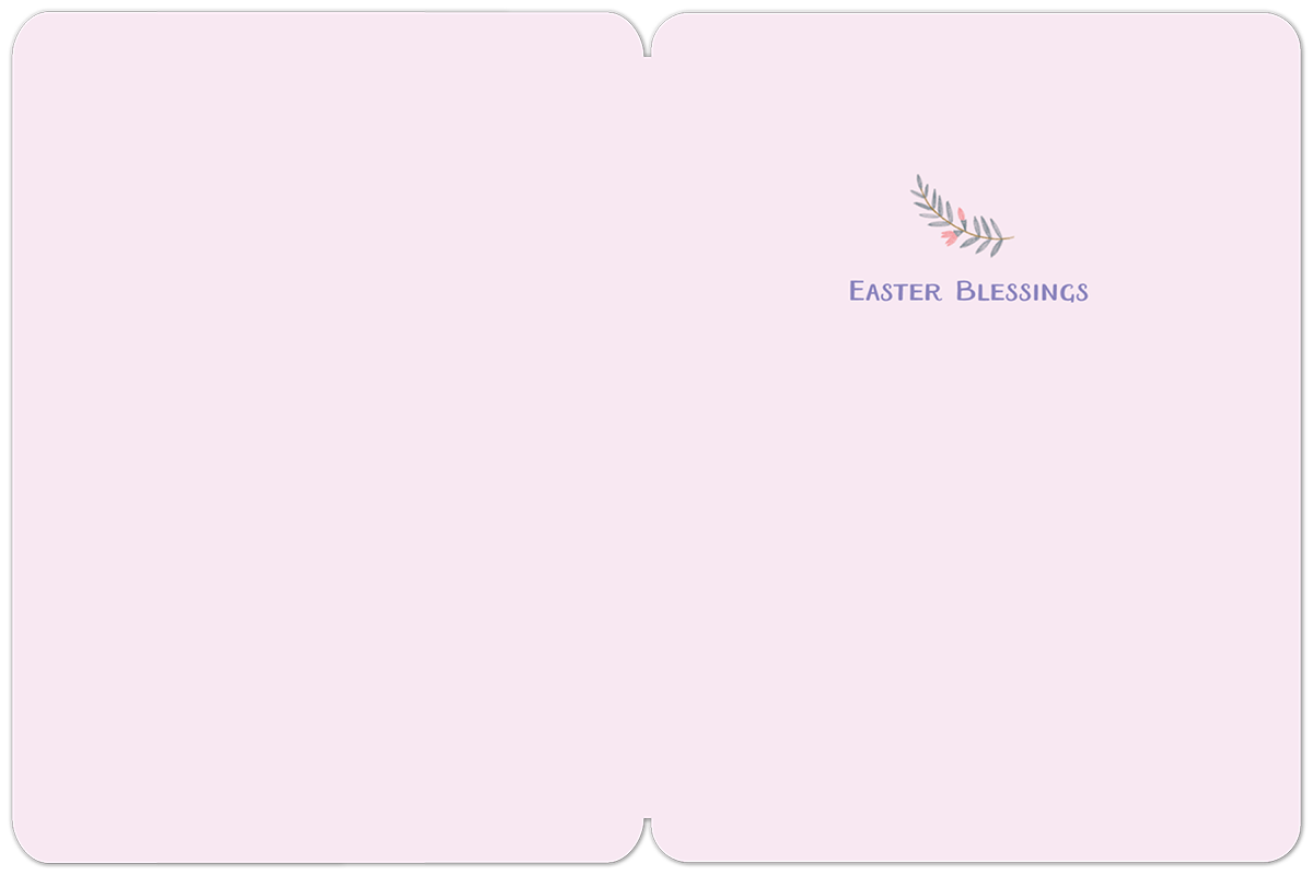 Inside view of an Easter greeting card, displaying a light lavender background with the elegantly scripted message 'EASTER BLESSINGS' accompanied by a delicate floral sprig. The card interior is clean and ready for a personal message.