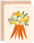Vibrant Happy Spring card featuring a bouquet of cheerful yellow daffodils, white daisies, and orange flowers emerging from a stylized bunch of carrots, perfect for warm seasonal greetings.