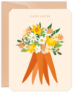 Vibrant Happy Spring card featuring a bouquet of cheerful yellow daffodils, white daisies, and orange flowers emerging from a stylized bunch of carrots, perfect for warm seasonal greetings.