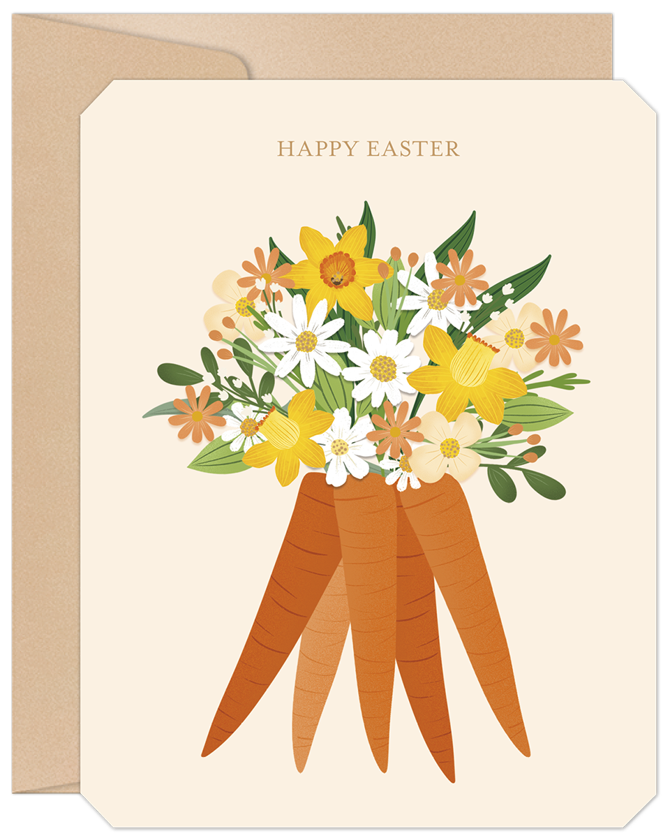 Happy Easter greeting card featuring a vibrant bouquet of spring flowers like daffodils and daisies, with carrots as stems, on a cream background.