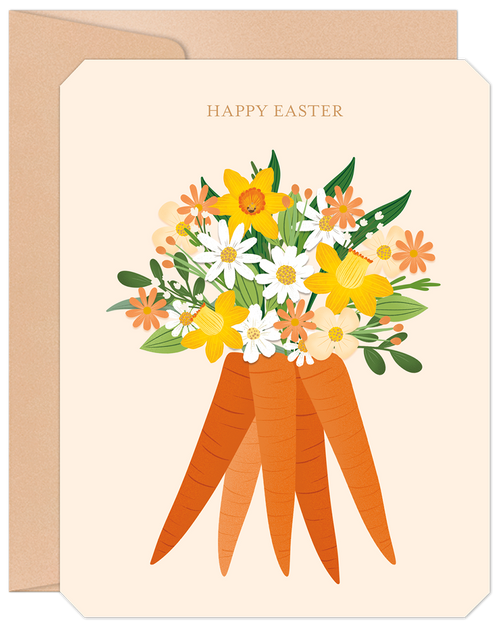 Vibrant Happy Spring card featuring a bouquet of cheerful yellow daffodils, white daisies, and orange flowers emerging from a stylized bunch of carrots, perfect for warm seasonal greetings.