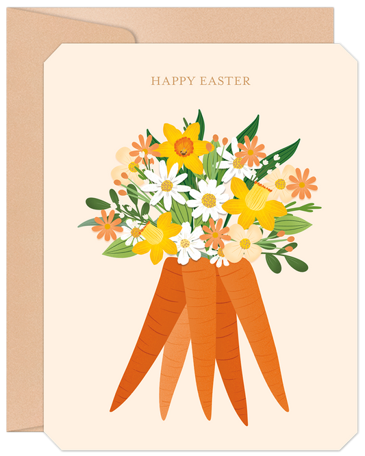 Happy Easter greeting card featuring a vibrant bouquet of spring flowers like daffodils and daisies, with carrots as stems, on a cream background.