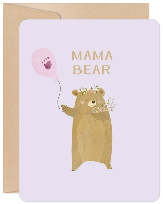 Front of a purple Mother's Day card featuring a cute brown bear holding a pink balloon and flowers, with 'MAMA BEAR' text.