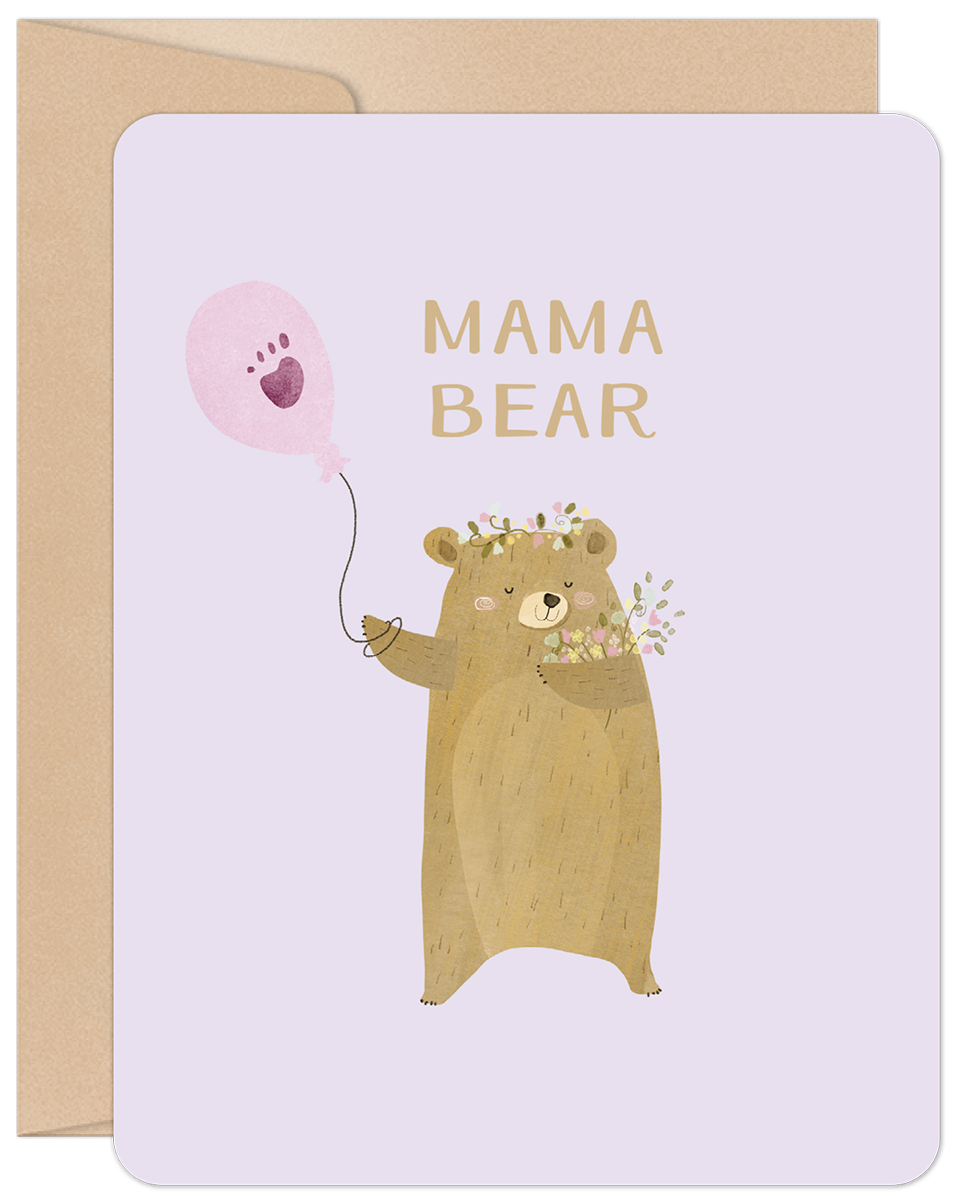 Front view of a Mother's Day greeting card featuring a cute, light brown cartoon mama bear with a flower crown, holding a pink balloon and a bouquet of pastel flowers, with 'MAMA BEAR' text on a light purple background.