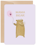 Front view of a Mother's Day greeting card featuring a cute, light brown cartoon mama bear with a flower crown, holding a pink balloon and a bouquet of pastel flowers, with 'MAMA BEAR' text on a light purple background.