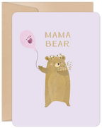 Front view of a Mother's Day greeting card featuring a cute, light brown cartoon mama bear with a flower crown, holding a pink balloon and a bouquet of pastel flowers, with 'MAMA BEAR' text on a light purple background.