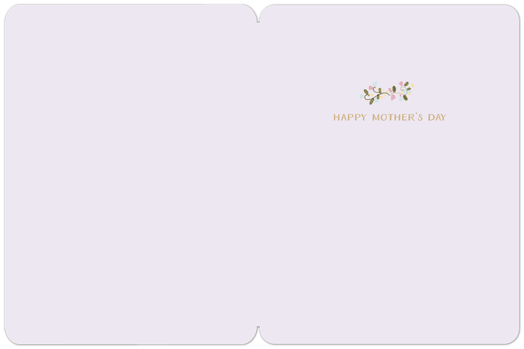 Inside view of the Mother's Day greeting card, showing a blank light purple interior with a small, delicate floral sprig and the text 'HAPPY MOTHER'S DAY' at the top right.