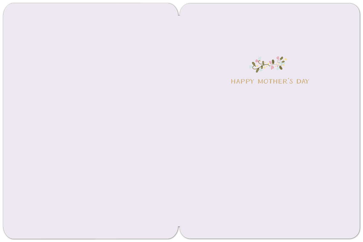 Inside view of the Mother's Day greeting card, showing a blank light purple interior with a small, delicate floral sprig and the text 'HAPPY MOTHER'S DAY' at the top right.