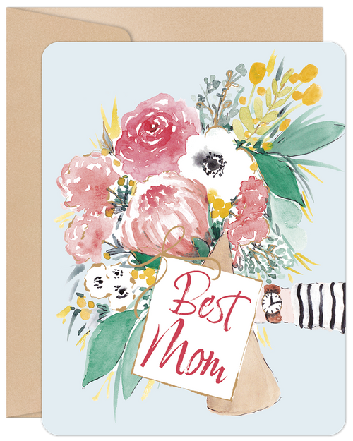 Front of a watercolor floral greeting card featuring a hand holding a bouquet of pink peonies, white anemones, yellow flowers, and greenery. A tag on the bouquet reads 'Best Mom' in red script. The background is a soft blue. Includes a brown kraft envelope.