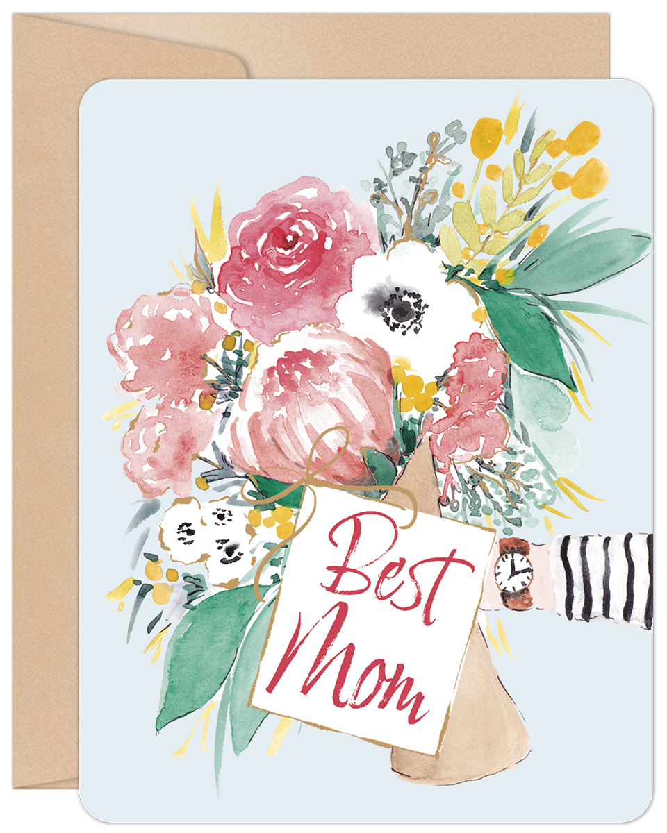 Watercolor floral greeting card for mom featuring a bouquet of pink and yellow flowers, green leaves, and the words 'Best Mom' on a tag, held by a striped sleeve and watch, on a light blue background.