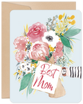 Watercolor floral greeting card for mom featuring a bouquet of pink and yellow flowers, green leaves, and the words 'Best Mom' on a tag, held by a striped sleeve and watch, on a light blue background.
