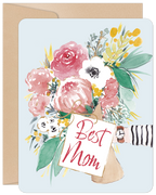 Watercolor floral greeting card for mom featuring a bouquet of pink and yellow flowers, green leaves, and the words 'Best Mom' on a tag, held by a striped sleeve and watch, on a light blue background.