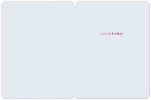 Inside view of an open greeting card with a light blue background. The right panel has the printed message 'Love you bunches!' in red script. The left panel is blank, ready for a personalized message.