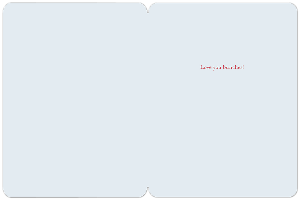 Open greeting card interior with a light blue background, showing the heartfelt message 'Love you bunches!' in red script on the right side.