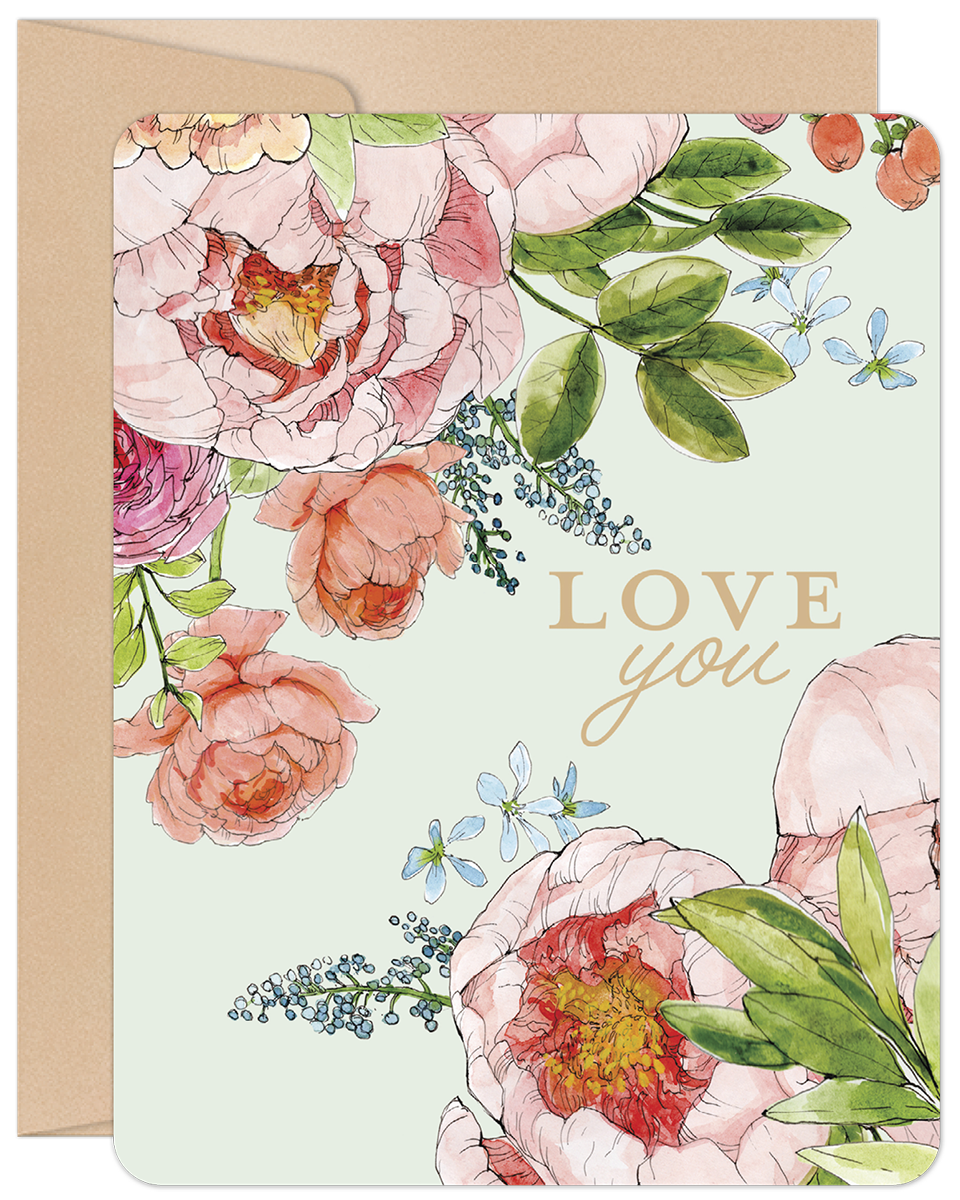 Front of a 'Love You' Mother's Day greeting card with watercolor pink peonies and blue flowers on a light green background, with a kraft envelope.