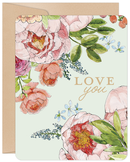 Front of a 'Love You' Mother's Day greeting card with watercolor pink peonies and blue flowers on a light green background, with a kraft envelope.