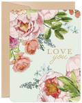 Elegant floral greeting card for her, featuring watercolor pink peonies and green leaves, with 'LOVE you' text, perfect for Mom.