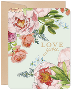 Elegant floral greeting card for her, featuring watercolor pink peonies and green leaves, with 'LOVE you' text, perfect for Mom.