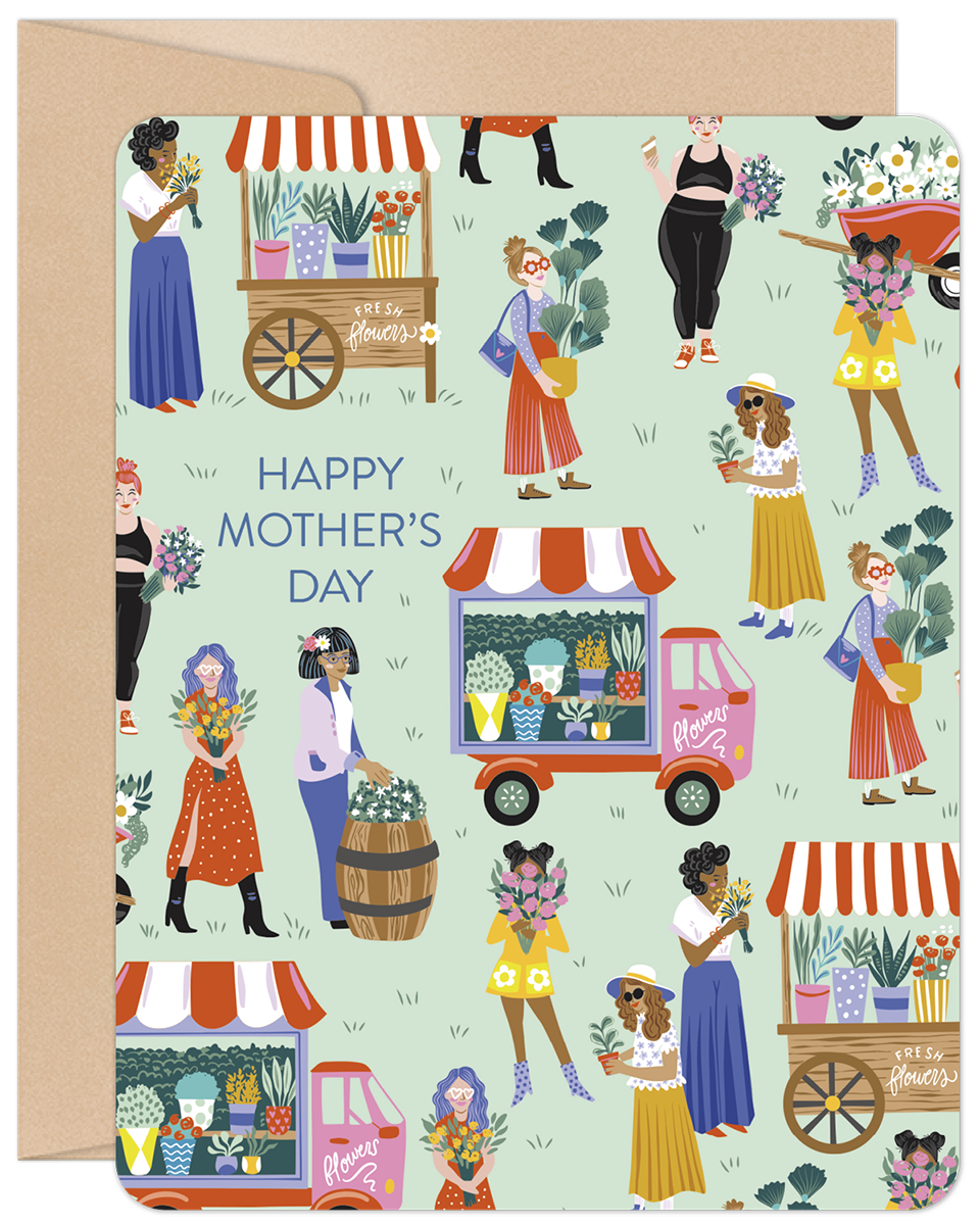 Mother's Day greeting card featuring a lively market illustration with diverse women, flower stalls, and a flower truck, all on a pale green background, wishing 'Happy Mother's Day'.