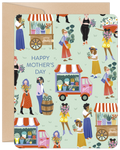 Mother's Day greeting card featuring a lively market illustration with diverse women, flower stalls, and a flower truck, all on a pale green background, wishing 'Happy Mother's Day'.