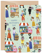 Mother's Day greeting card featuring a lively market illustration with diverse women, flower stalls, and a flower truck, all on a pale green background, wishing 'Happy Mother's Day'.