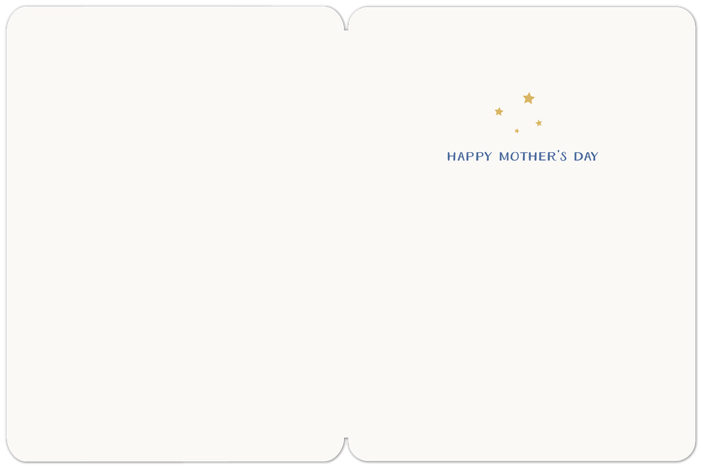 Inside view of an open greeting card with a simple cream background, featuring the message "HAPPY MOTHER'S DAY" in blue text with a few gold stars in the top right corner.