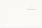 Inside view of an open greeting card with a simple cream background, featuring the message "HAPPY MOTHER'S DAY" in blue text with a few gold stars in the top right corner.