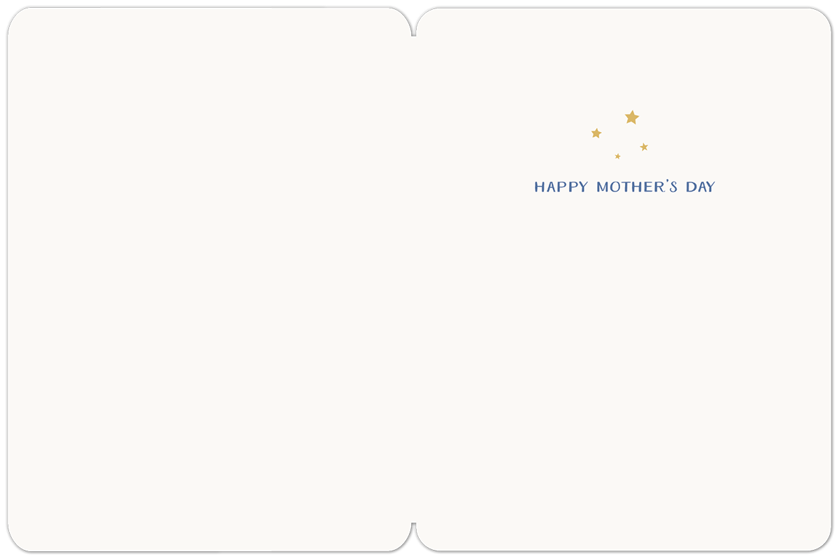 Inside view of an open greeting card with a simple cream background, featuring the message "HAPPY MOTHER'S DAY" in blue text with a few gold stars in the top right corner.