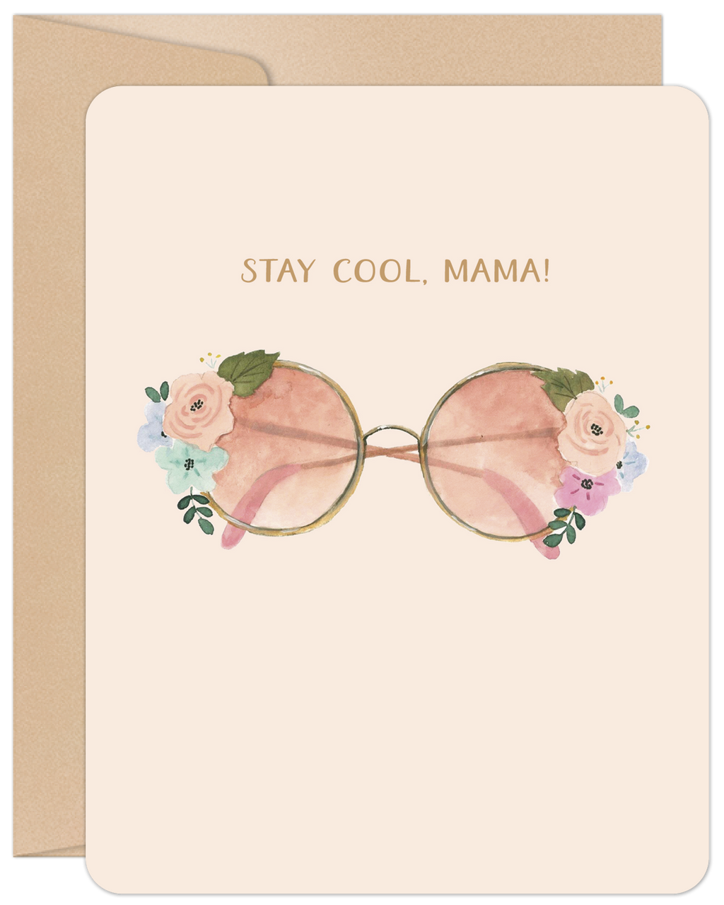 Watercolor Mother's Day greeting card featuring stylish pink sunglasses adorned with pastel floral bouquets on a light peach background, with gold text 'STAY COOL, MAMA!' and a kraft envelope.