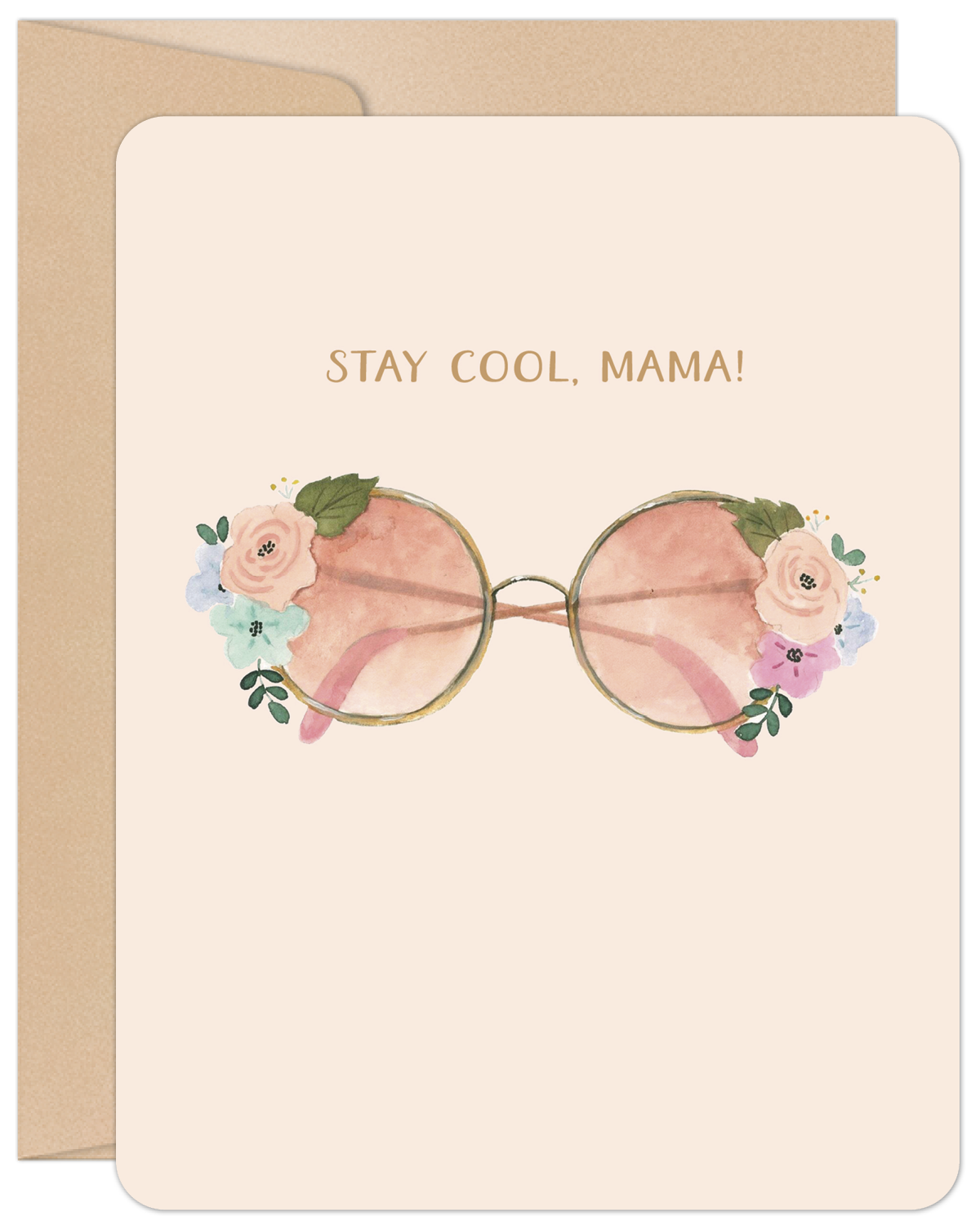 Watercolor Mother's Day greeting card featuring stylish pink sunglasses adorned with pastel floral bouquets on a light peach background, with gold text 'STAY COOL, MAMA!' and a kraft envelope.