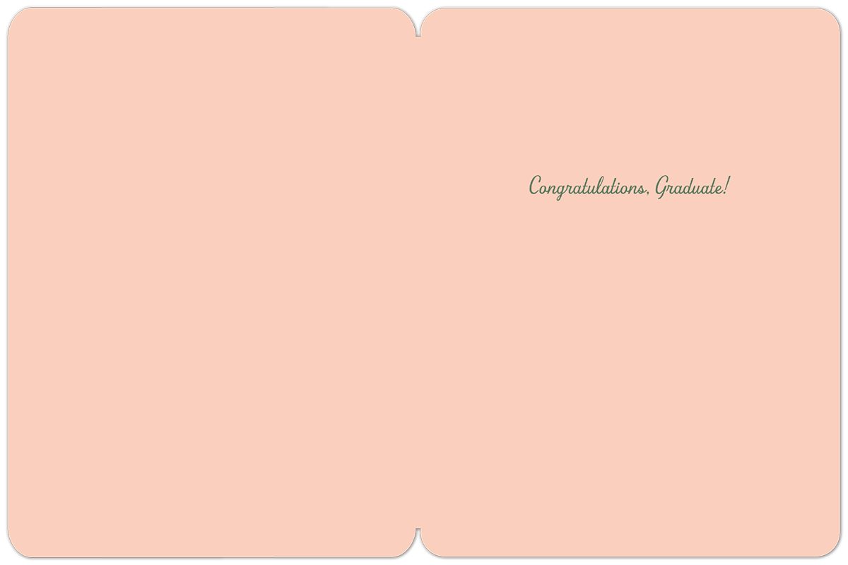 Interior of an encouraging graduation card, displaying a soft peach-colored blank space on the left and subtle green script text 'Congratulations. Graduate!' on the right panel.