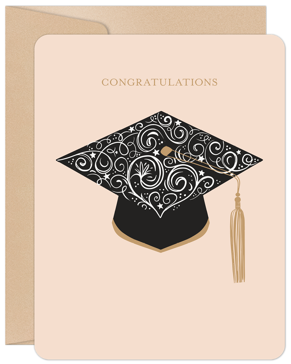 Elegant graduation card featuring a black and gold cap with intricate swirl designs and a 'CONGRATULATIONS' message on a light pink background.