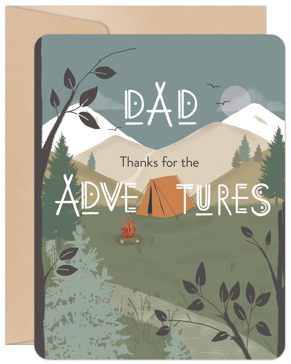 Father's Day greeting card with 'DAD Thanks for the ADVENTURES' text, showing a mountain, tent, and campfire scene.