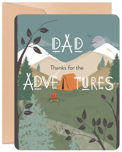 Father's Day greeting card with 'DAD Thanks for the ADVENTURES' text, showing a mountain, tent, and campfire scene.