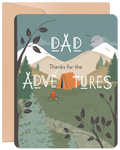 Father's Day greeting card featuring a scenic outdoor camping adventure design with snow-capped mountains, evergreen trees, an orange tent, and a warm campfire. The text reads 'DAD Thanks for the ADVENTURES'. Perfect for fathers who love nature and exploration.