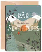 Father's Day greeting card featuring a scenic outdoor camping adventure design with snow-capped mountains, evergreen trees, an orange tent, and a warm campfire. The text reads 'DAD Thanks for the ADVENTURES'. Perfect for fathers who love nature and exploration.