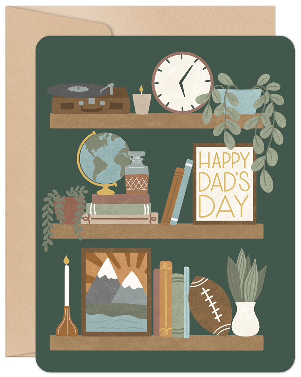 Greeting card for dad featuring three rustic wooden shelves against a dark green background, adorned with a vintage record player, potted plants, a globe, books, a clock, a framed 'HAPPY DAD'S DAY' sign, a football, and a mountain art print, perfect for celebrating a special parent.