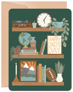 Illustration of a greeting card with three shelves on a dark teal background, filled with vintage record player, globe, books, plants, clock, football, and a 'Happy Dad's Day' sign. Perfect for celebrating male parents.