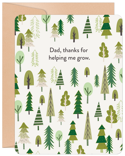 Heartfelt Father's Day card for Dad featuring a charming forest of green trees, with the message 'Dad, thanks for helping me grow.'