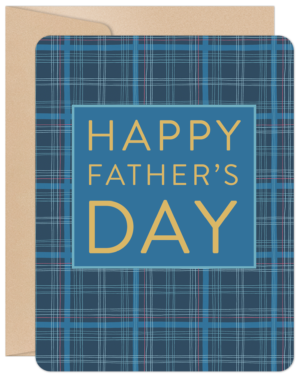 Front of a Father's Day greeting card featuring a blue and teal plaid pattern with 'HAPPY FATHER'S DAY' in bold yellow text on a central blue rectangle, accompanied by a kraft envelope.