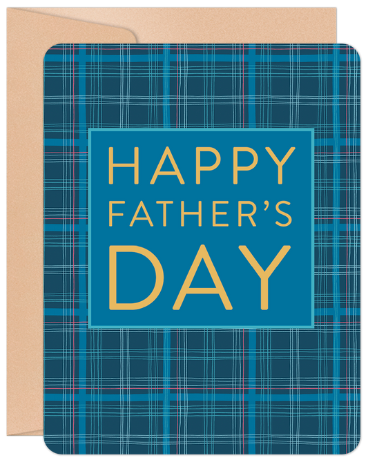 Front of a Father's Day greeting card with a blue plaid design and 'Happy Father's Day' in gold text. Comes with a kraft envelope.