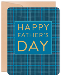 Front of a Father's Day greeting card featuring a blue and teal plaid pattern with 'HAPPY FATHER'S DAY' in bold yellow text on a central blue rectangle, accompanied by a kraft envelope.