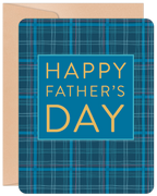 Front of a Father's Day greeting card featuring a blue and teal plaid pattern with 'HAPPY FATHER'S DAY' in bold yellow text on a central blue rectangle, accompanied by a kraft envelope.