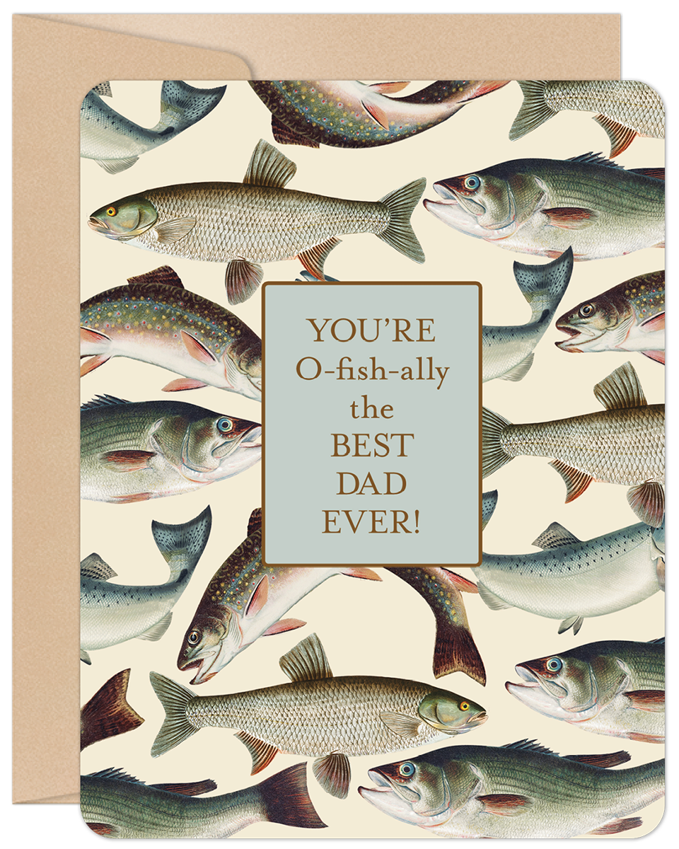 Front of a Father's Day greeting card featuring a vintage fish pattern and the text 'YOU'RE O-fish-ally the BEST DAD EVER!' with a brown envelope.